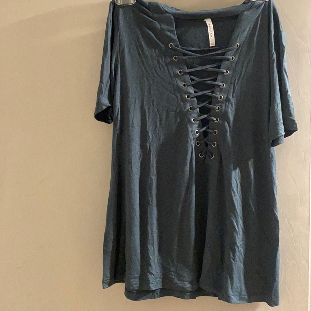 Blue T-Shirt Tied/ Threaded Up, Silver Eyelets Size Small